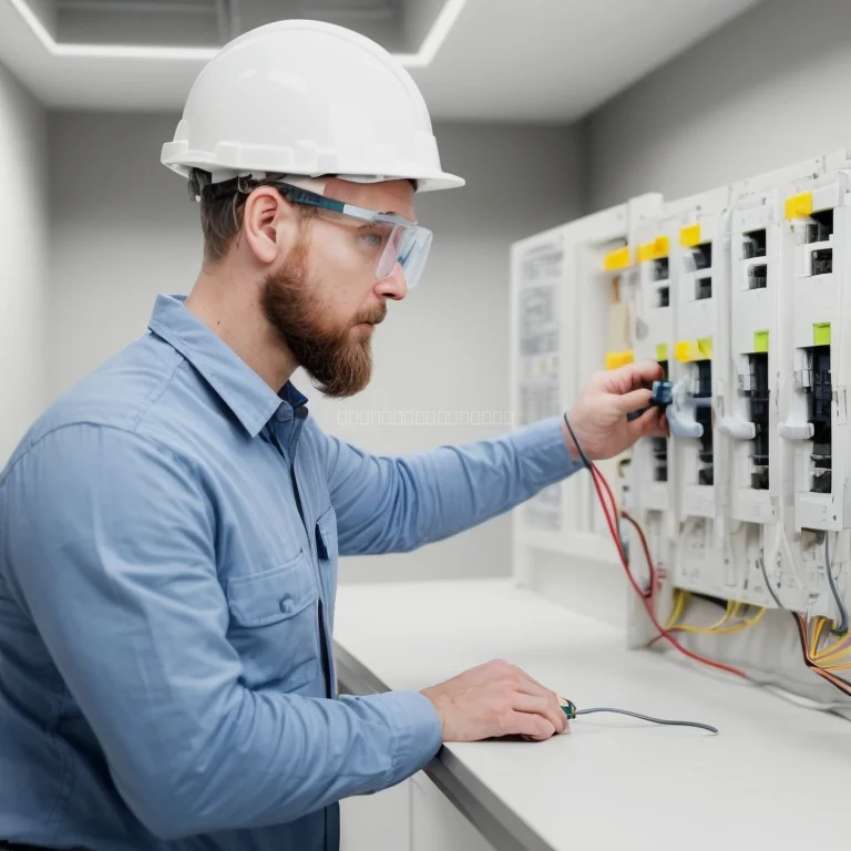 Técnico revisando tablero eléctrico en oficina