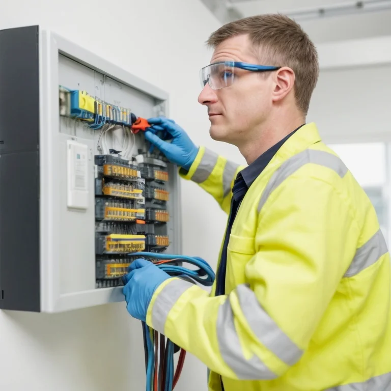 Equipo técnico de VoltOffice realizando instalación eléctrica en oficina